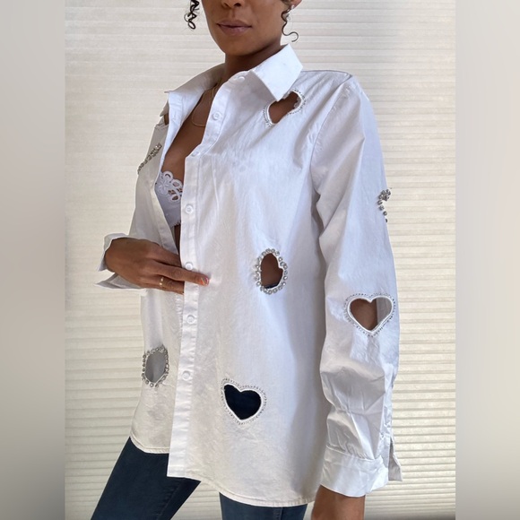 Lizette Collection Crystal Heart Cutout Long Sleeve Blouse - Picture 4 of 14